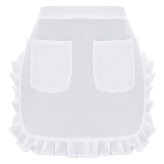 KALIONE White Waist Apron Small White Apron Adjustable Waist Ruffle Apron Cooking Half Apron Women's White Costumes Aprons with Pockets