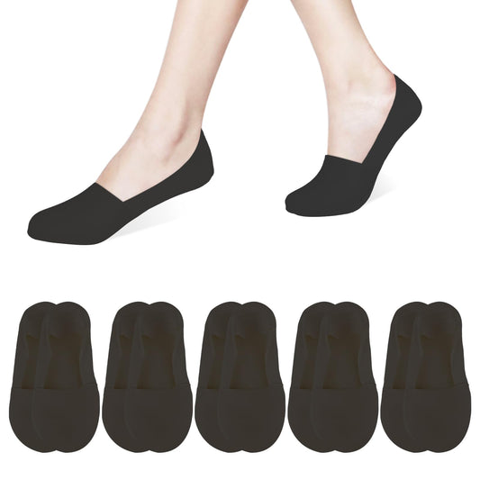 Mozeat Lens 5 Pairs No Show Socks for Women, Black Invisible Boat Liner Flat Socks Non Slip Casual Low Cut Socks Soft Stretchable Breathable Thin Ankle Socks for Girls Size 5-8