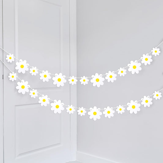2 Pack Daisy Boho Banner Party Decorations, White Daisy Decor Spring Flower Hanging Garland Daisy Paper Cutouts Birthday Party Decorations for Baby Shower Groovy Party Decor