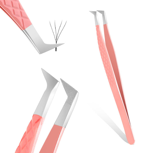 Fiber Tip Eyelash Tweezers, L-Shaped Lash Tweezers for Eyelash Extensions Professional High Precision Lash Extension Tweezers with Non-Slip Diamond Grip,Volume Boot & Slight Curved Tweezer