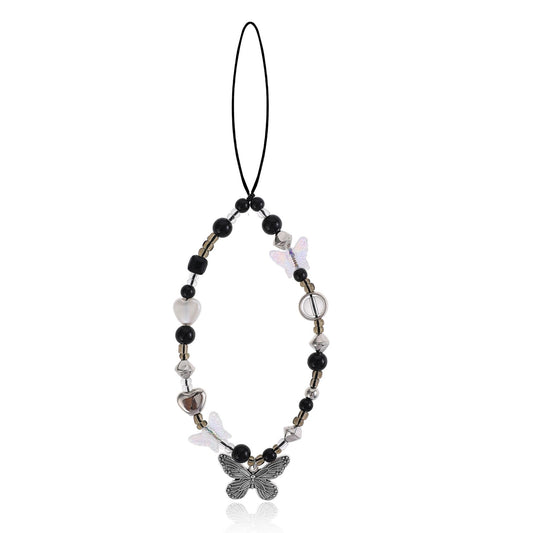 Phone Beaded Wrist Strap Black Phone Charm Butterfly Y2k Beaded Phone Bracelet Strap Cute Cell Phone Lanyard Strap Wrist Beads Chain Phone Charms Strap for Phone Case for Phone Bag Keychain Camera Dec