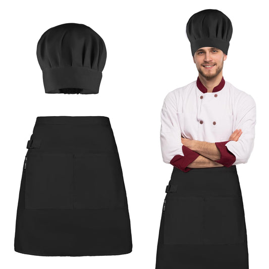 KALIONE Chef Hat and Apron, Women Chef Hat and Apron Set Solid Chef Hat Unisex Baking Apron with Pocket Short Cooking Apron for Men Women Kitchen Home Restaurant Hotel (Black)
