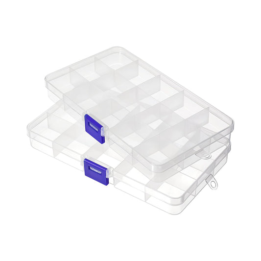 2 Pack 15 Grids Bead Storage Box, Clear Plastic Craft Organizers and Storage with Removable Divider, Compartment Container for Bead, Jewelry, DIY Crafts, Earrings, Bracelet, Screws, Small Items