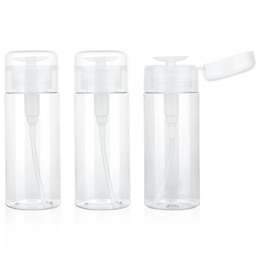 KALIONE 3 PCS Clear Pump Bottle Dispenser, 5 Oz Refillable Nail Polish Push Dow Pump Dispenser Bottle Plastic Empty Liquids Dispenser Pressure Container Bottle with Pump for Makeup Remover