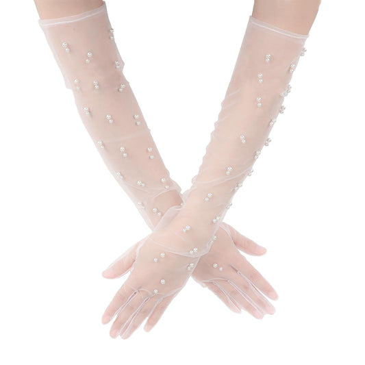 KALIONE Pearl Gloves Women's Wedding Pearl Gloves Long Tulle Wedding Bridal Gloves White Finger Lace Gloves Opera Party Gloves for Brides White Mesh Golves for Women(With Finger)