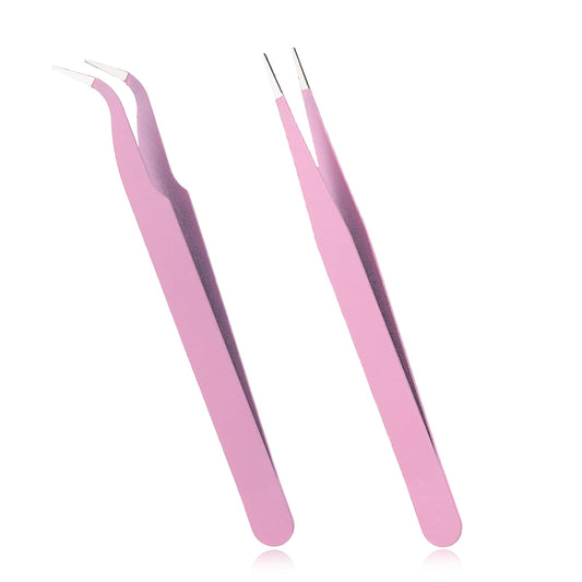 Pack of 2 Curved Blunt Tweezers Pink Stainless Steel Tweezers for Stickers, Tweezers for Crafting Eyelash Clusters Straight and Small Tip Tweezers for Eyelash Extensions Jewellery Journaling Tools