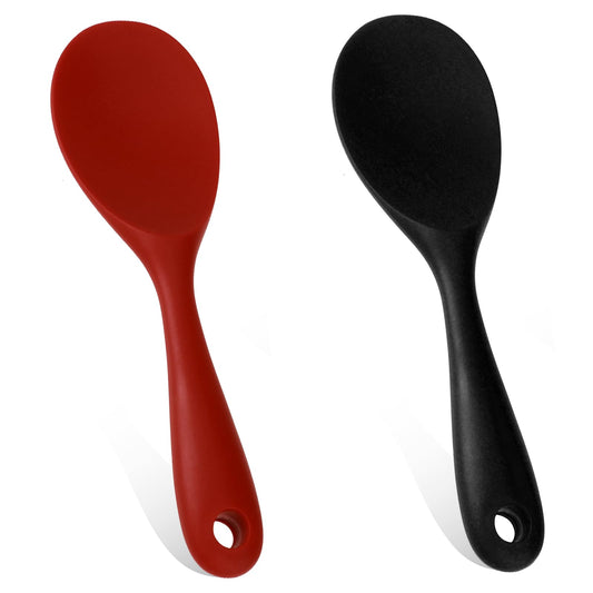 Silicone Rice Spoon, 2PCS Non Stick Rice Paddle Heat Resistant Rice Scooper Rice Spatula Cooker Spoon Works for Rice, Salads, Mashed Potato (Red/Black)