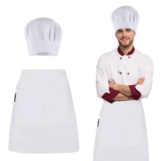 KALIONE Chef Hat and Apron, Elasticity Chef's Hat Cooking Apron Set Solid Chef Hat Unisex Baking Apron with Pocket Short Cooking Apron for Men Women Kitchen Home Restaurant Hotel (White)