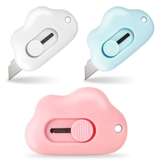 Cute Retractable Box Cutters Cloud Shaped Mini Box Cutters Package Opener Tool Utility Knives Craft Knife Art Cutter for Office, Home, DIY Crafts (Blue&White&Pink)