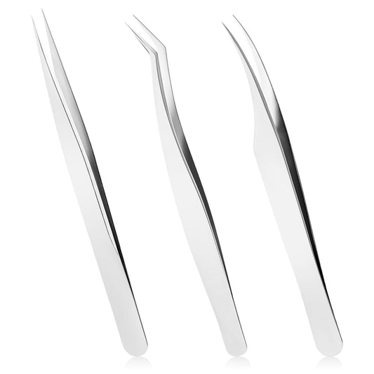Lash Tweezers for Eyelash Extension, 3 Pcs High Precision Stainless Steel Straight Tip Tweezers Curved Tip Tweezers Professional False Eyelash Tweezers Kit for Lash Extension Supplies (Silver)