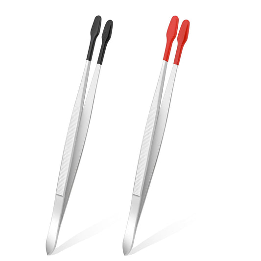2 Pieces Tweezers with Rubber Tips Flat Tip Long Tweezer Stainless Steel Coated Tweezers Tools Durable Rubber Tipped Tweezers Jewelry Tweezers for Crafts Jewelry Making Lab