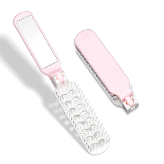 1 Pack Travel Hair Brush with Mirror, Mini Folding Brush Collapsable Pocket Size Brush Massage Comb Compact Vent Brush Wet Hair Detangling Brush Hair Styling Tools for Car, Gym, Trip, Purse, Locker