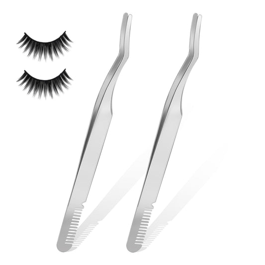 2pcs Lash Tweezers Set Stainless Steel 2 in 1 Lash Extension Tweezers with Comb Eyelash Applicator DIY Lash Precise Applicator Volume Isolation Classic Lashes Smeared False Lashes, Silver