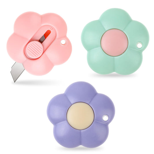 Cute Retractable Box Cutters Flower Shaped Mini Box Cutters Utility Knives Art Cutter Package Opener Tool Cute Box Opener for Office, Home, DIY Crafts (Purple&Green&Pink)