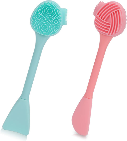 Silicone Face Scrubber, 2 Pcs Double Headed Facial Cleanser Brush Skin Friendly Face Scrubber Exfoliator Face Mask Brush for Face Skincare Blackheads Whiteheads Makeup Residues Removal (Green, Pink)