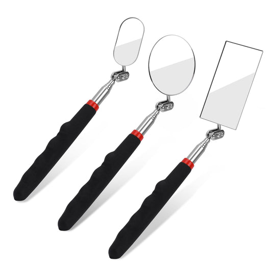 KALIONE 3 Pieces Telescopic Inspection Mirror Mechanic Car Inspection Mirror, Round Mirror Square Mirror Elliptical Mirror, Inspection Tool for Checking Vehicle, Car, Eyelashes