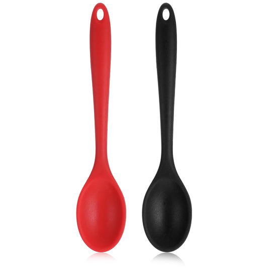 Pack of 2 Non-Stick Silicone Cooking Spoons, 28 x 5.5 cm, Heat-Resistant Serving Spoon & Rice Spoon, Mixing Spoon with Long Handle, Dishwasher Safe, for Cooking, Baking, Roasting, Soup, Sauce, Rice