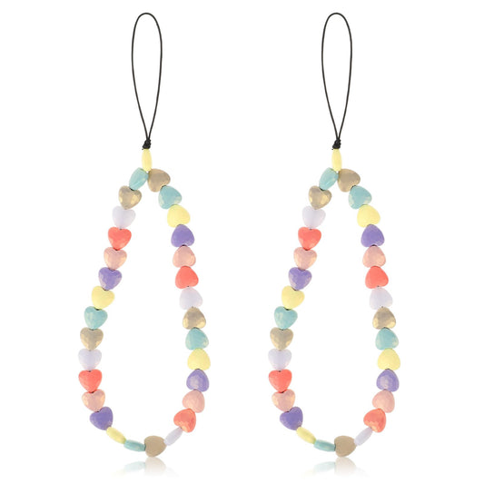 2 Pack Beaded Phone Bracelet Strap Heart Pearl Phone Charms Strap Cute Colorful Acrylic Beaded Phone Charm Wrist Strap Handmade Mobile Phone Chain for Women Anti-Lost Lanyard