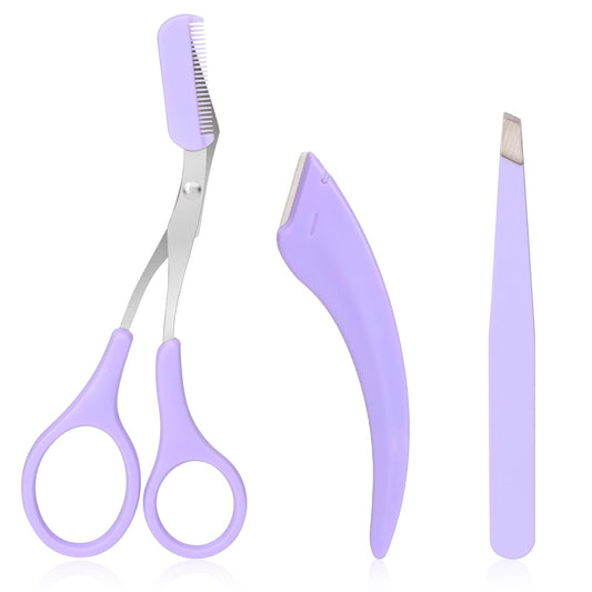 Eyebrow Scissors with Comb, Eyebrow Trimmer Scissors Eyebrow Razor Eyebrow Tweezers Set, Face Hair Removal Tool for Men Women (Purple)