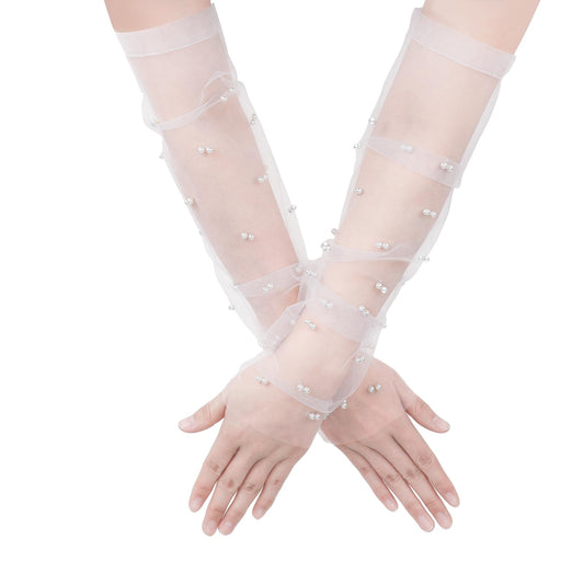 KALIONE Pearl Gloves Women's Wedding Pearl Gloves Long Tulle Wedding Bridal Gloves White Finger Lace Gloves Opera Party Gloves for Brides White Mesh Golves for Women(Fingerless)