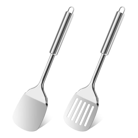 Stainless Steel Spatulas Set, 2 Pcs Kitchen Spatula Silver Slotted Turner Small Solid Turner Cooking Utensil Cookware for Fish Eggs Pancakes Baking Mixing Grilling Serving Food