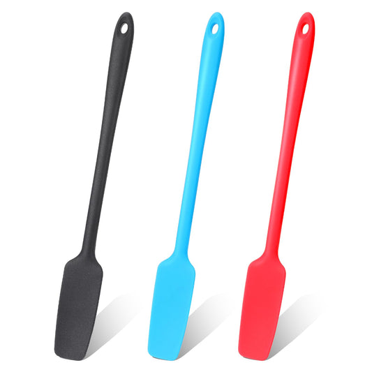 3Pcs Silicone Jar Spatulas, Rubber Spatula Long Handle Jar Spatulas, Small Silicone Spatula Thin Spatula, Non-Stick Silicone Scraper Kitchen Silicone Spatula(Red/Blue/Black)
