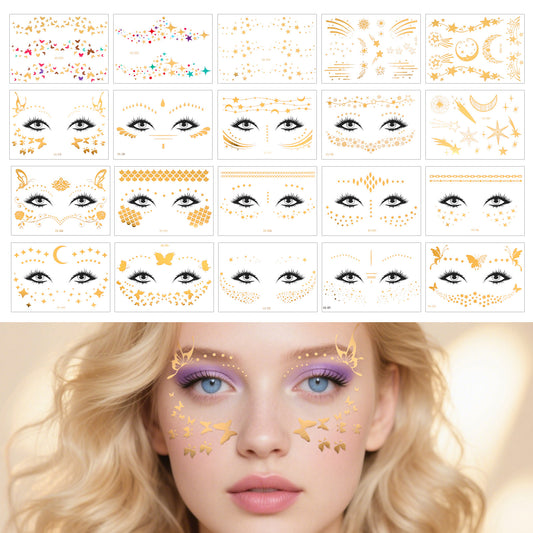 Glitter Gold Freckles Face Tattoo, 20 Sheets Waterproof Glitter Face Tattoos Sparkle Makeup Patches Temporary Faces Tattoo Stickers Transfer Metallic Temporary Tattoos for Faces Women Parties Dancer