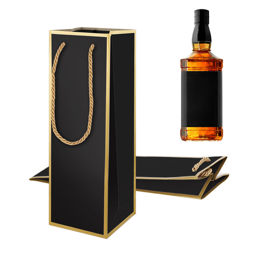 4"X4"X11" Wine Gift Bags 2 PCS Luxury Wine Bottle Gift Bags, Reusable Liquor Bag with Gold Foil Print, Gold Foil Black Wines Bag for Party Wedding Party Whiskey Spirits Bagwith Handle, Small Bottle
