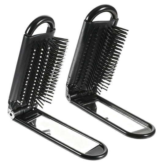 Folding Hair Brush with Mirror, 2 Pcs Portable Travel Brush for Women Pocket Size Anti-static Mini Hairbrush Compact Massage Comb Hair Styling Tools for Women Girls Home Travel Gym Purse (Black)