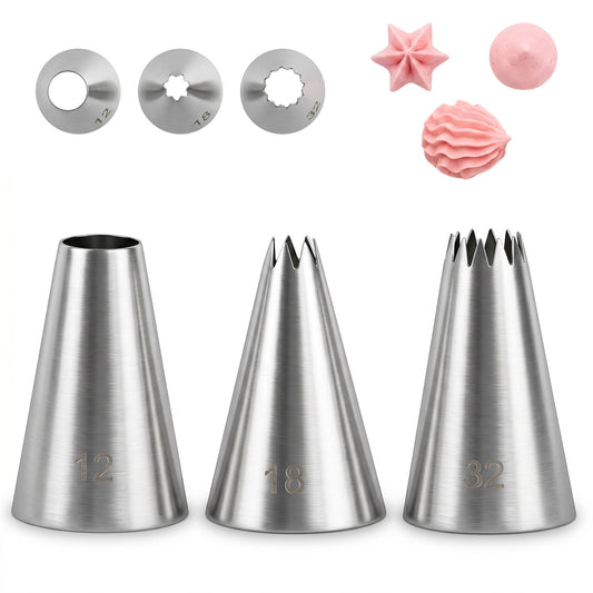 3 Pieces #12#18#32 Cake Piping Tip Set Open Star Icing Tip Seamless Icing Tips Stainless Steel Cupcake Piping Tips for Frosting Macarons Dessert Cake Decorations