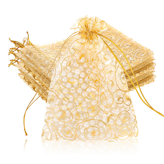 FdcLixuvol 100 Pcs Gold Organza Gift Bags 13 x 18cm Rattan Printed Drawstring Mesh Favor Bags Sheer Mesh Jewelry Bag for Wedding Party Favors Candy Jewelry Gifts