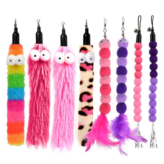 Styquenzer Cat Worm Toy Refills, 8 Pieces Cat Wand Replacement Worm Cats Toys Assorted Worms Feather Refill Toy Cats Wand Attachments for Interactive Indoor