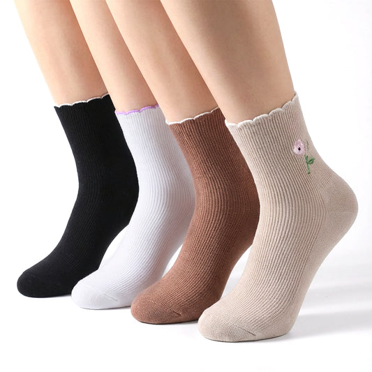 SynHHergyx Ruffle Socks Woman, 4 Pairs Cotton Floral Soft Frilly Slouchy Socks for Women Cute Cozy Embroidery Flower Ankle Sock for Casual Trouser Dress