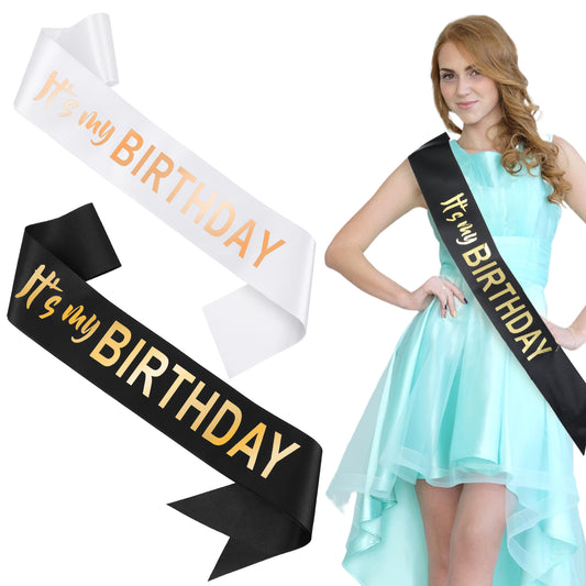 It's My Birthday Sash with Glitter Gold, 2PCS Glittery Fabric Birthday Sashes Black and White Birthday Sashes Decorations Birthday Party Supplies Gift for women Men 16th 18th 21st 30th 40th 50th 60th