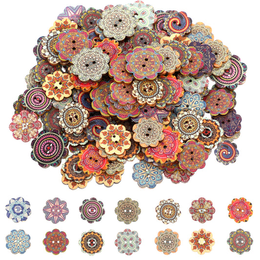 150 PCS Mixed Pattern Vintage Wood Buttons, Vintage Buttons with 2 Holes Natural Flower Shapes Retro Button Mixed Pattern Wooden Button for DIY Sewing Craft Decorative, Flower Shaped