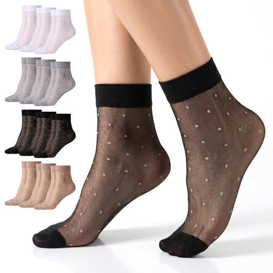 Zyghjort 12 Pairs Women's Sheer Ruffle Socks, Nude Polka Dot Mesh Socks for Women Summer Cool See Through Thin Stocking Thin Sheer Crew Sock Breathable Mesh Casual Ankle Socks