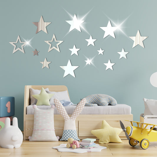 Stars Acrylic Mirror Wall Stickers, 26 pcs Removable Star Room Decor Stars Stickers with Adhesive Art Decal Silver Wall Decor Star Mirror Sticker Wall-Stickers Decors for Home Bedroom DIY