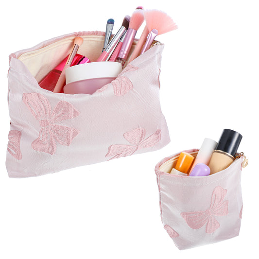 2pcs Makeup Bag Large Capacity Cosmetic Bags Canvas Zipper Pouch for Women Bow Preppy Cosmetic Bags Aesthetic Design Organizer Cute Roomy Pink Toiletry Bags for Women Girls Travel Accessories