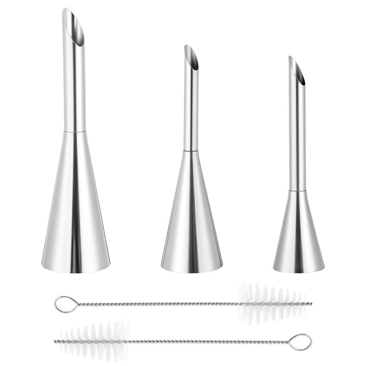 3 Pack Long Cream Icing Piping Nozzle Tips with 2 Brushes Puff Cream Filling Piping Tip Kit Stainless Steel Eclair Pipings Tips Puff Pastry Filling Cake Decorating Tools