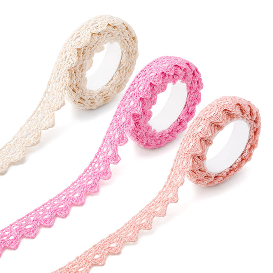 3 Pack Self-Adhesive Lace Tape, 0.6 Inch Wide 2 Yards Cotton 3 Colors