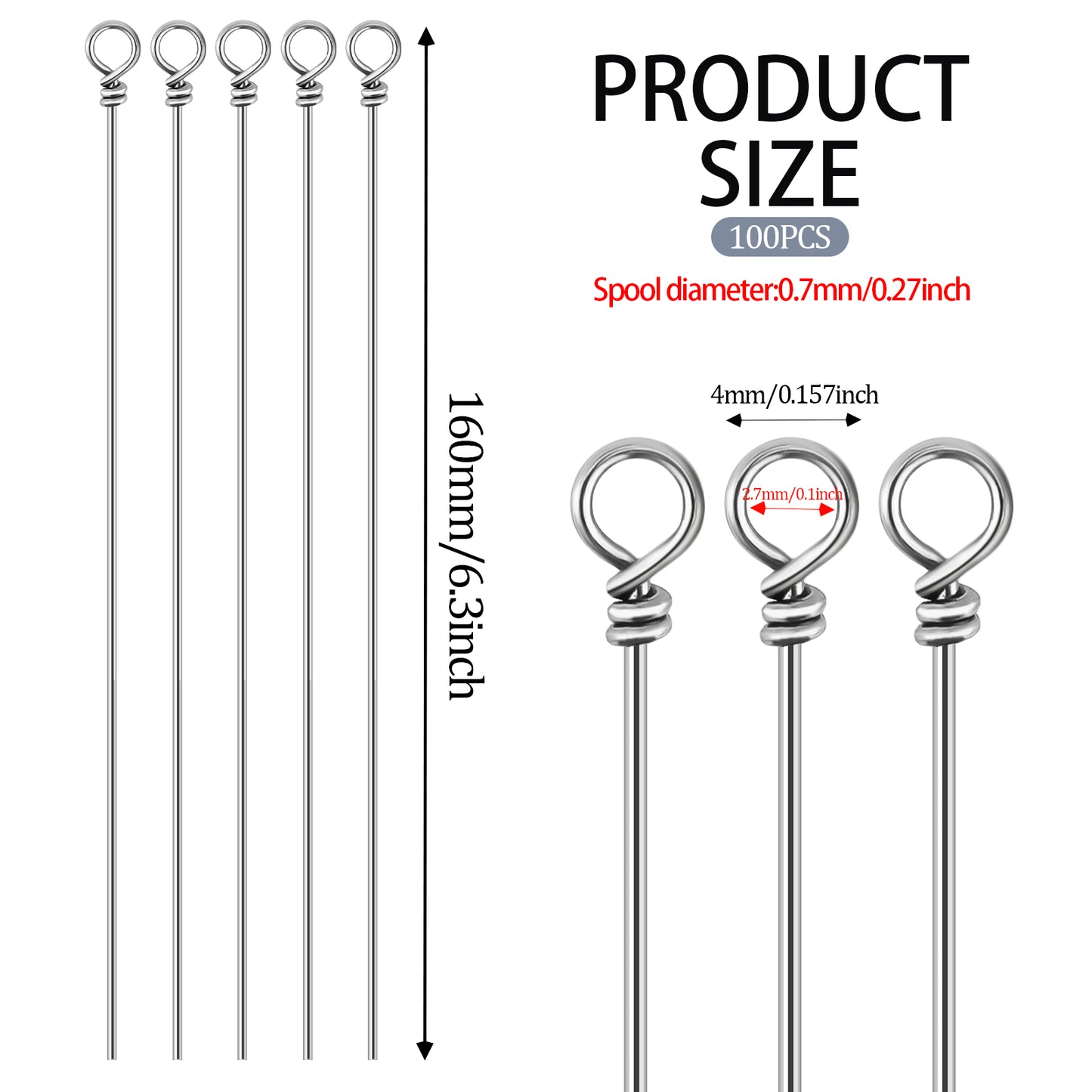 100 Pack Fishing Looped Spinner Shaft, Stainless Steel Spinner Bait Wire Fishing Lure Making Supplies - Lure Making Kit Rigs for Freshwater Bass, Trout, Walleye, Salmon, Catfish