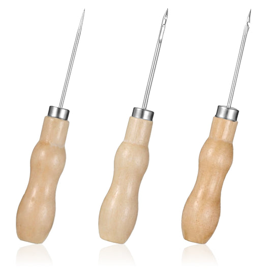 3 Pcs Leather Sewing Awl Leather Scratch Hollow Hook Awl Tools with Gourd Shape Wooden Handle for Sewing, Punching, Drilling, Leather-Repair, DIY Projects (3 Styles)