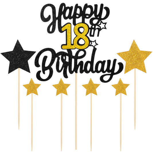 18th Birthday Cake Decorations Black Gold Glitter Happy 18th Birthday Cake Topper 18th Birthday Cake Toppers Set 18th Anniversary Cake Topper for Birthday Party Supplies