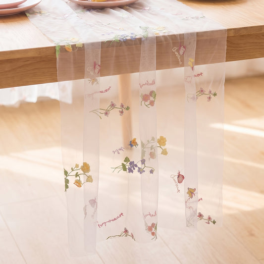 Flower Table Runner, 1 Pcs Pink 28x118Inch Tulle Wildflower Table Runner