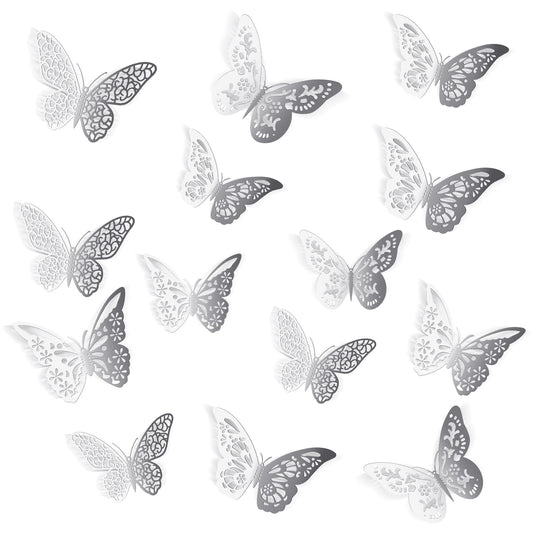 48 PCS Silver Butterfly Decorations, 3D Butterfly Wall Decor, 4 Styles 3 Sizes, Removable Metallic Wall Sticker Room Mural Decals for Crafts, Bouquet, Cake Decorating, Flower Arrangements, Room Decor