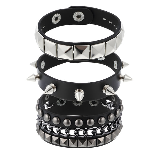 3 Piece Punk Rock Studded Bracelets Black Spiked Leather Cuff Bracelet for Men Women Adjustable Goth Bracelets 80s Retro Style Wristband Halloween Party Accessories