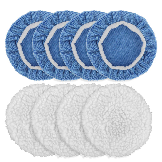 8Pcs Car Orbital Buffer Polisher Pad Car Polisher Pads Bonnet Buffing Pad Cover Wool Buffing Pads Cars Polishing Bonnet Buffing-Pad for Cars Furniture Glass, 4*Microfiber+4*Woollen, 5-6 Inches