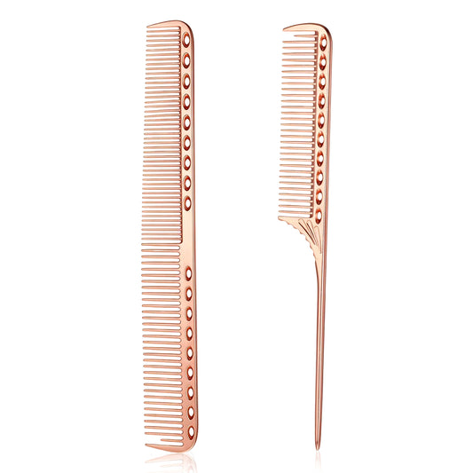 2 PCS Space Aluminum Hair Styling Comb, Rose Gold Fine Tooth Comb