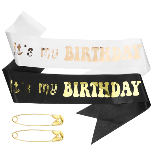 2 Pack It's My Birthday Sash for Women Girls Boys Black and White Birthday Sash with Gold and Rose Gold Fonts Happy Birthday Sash to Celebrate Your Birthday