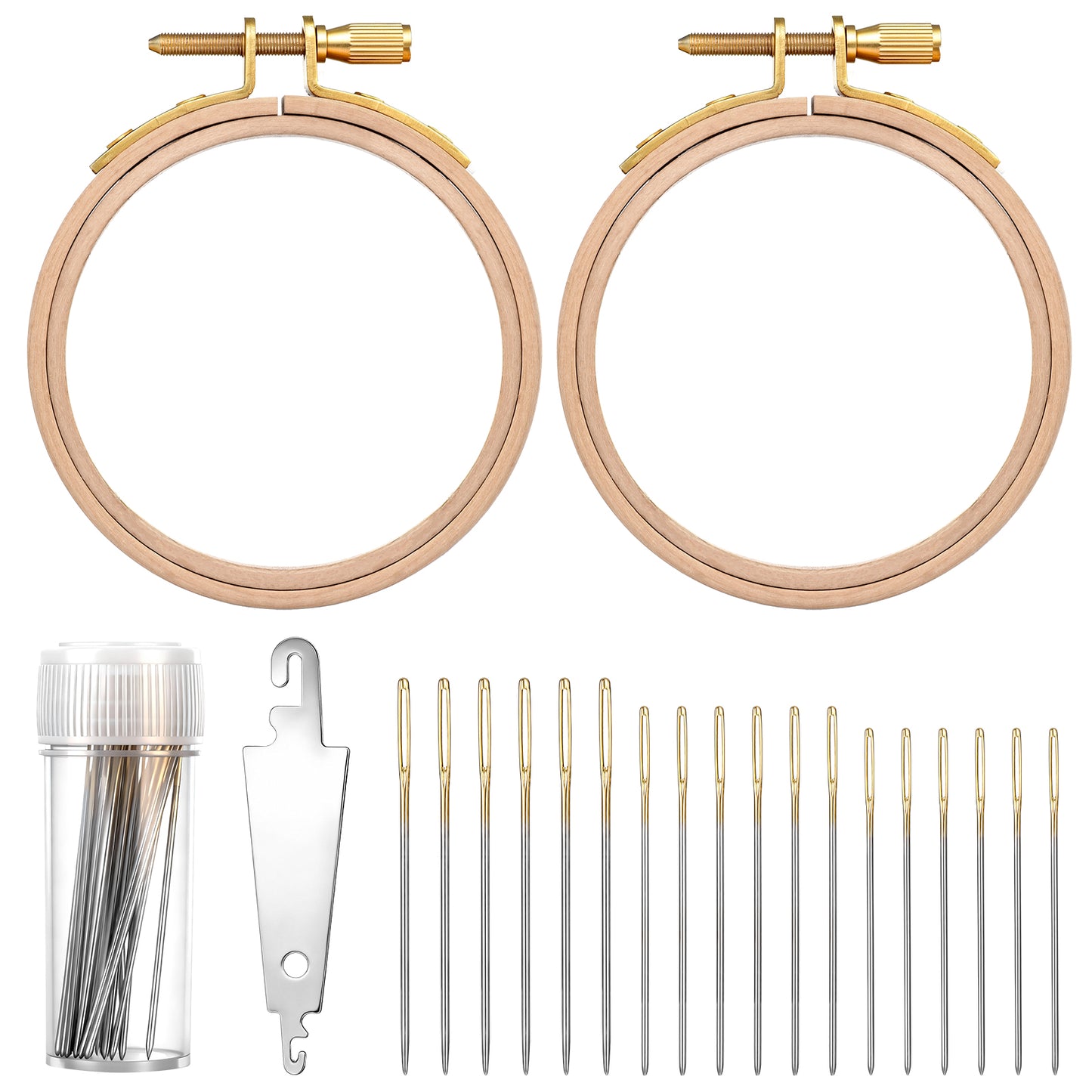 2PCS 3 Inch Wooden Embroidery Hoops, 30PCS 3 Sizes Embroiderys Needles, and 1PCS Needle Threader, Wood Circle Cross Stitch Hoops Ring Small Embroidery Hoop Frame Embroiderys Ring for Art Craft Sewing